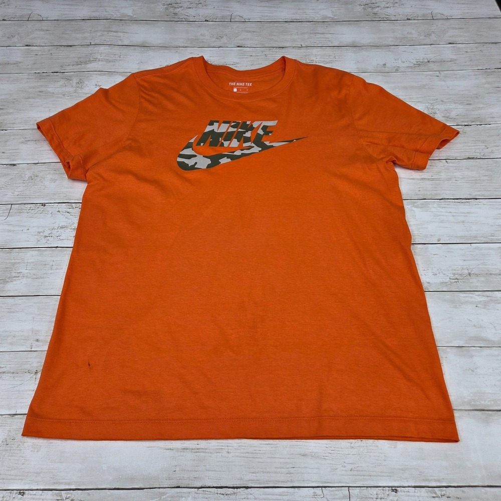 Nike Camo Logo Graphic T-Shirt Mens Large Orange Short Sleeve Cotton‎ BV1997-89N